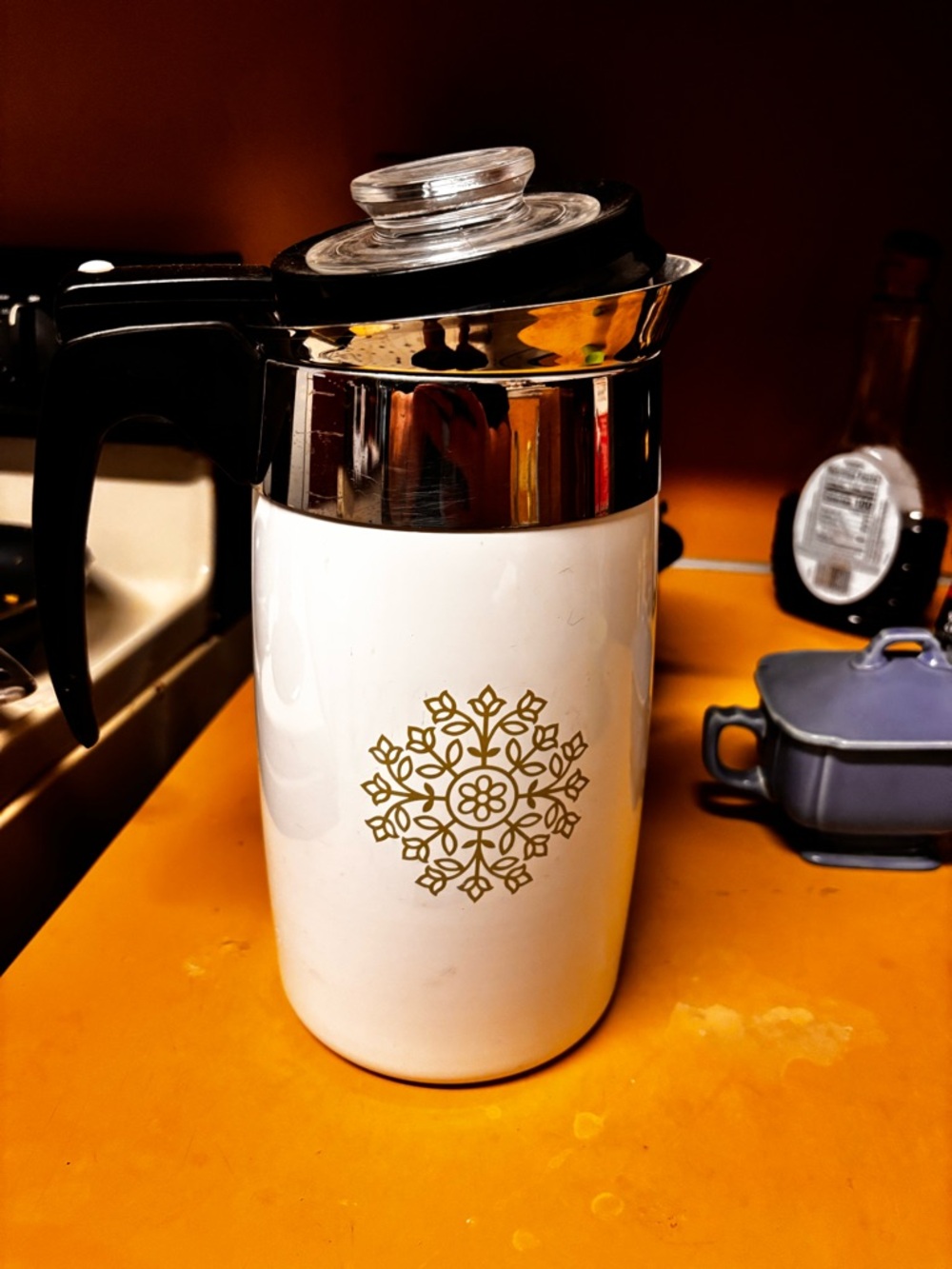 Vintage 1970s CorningWare White Carafe with Gold Medallion percolator